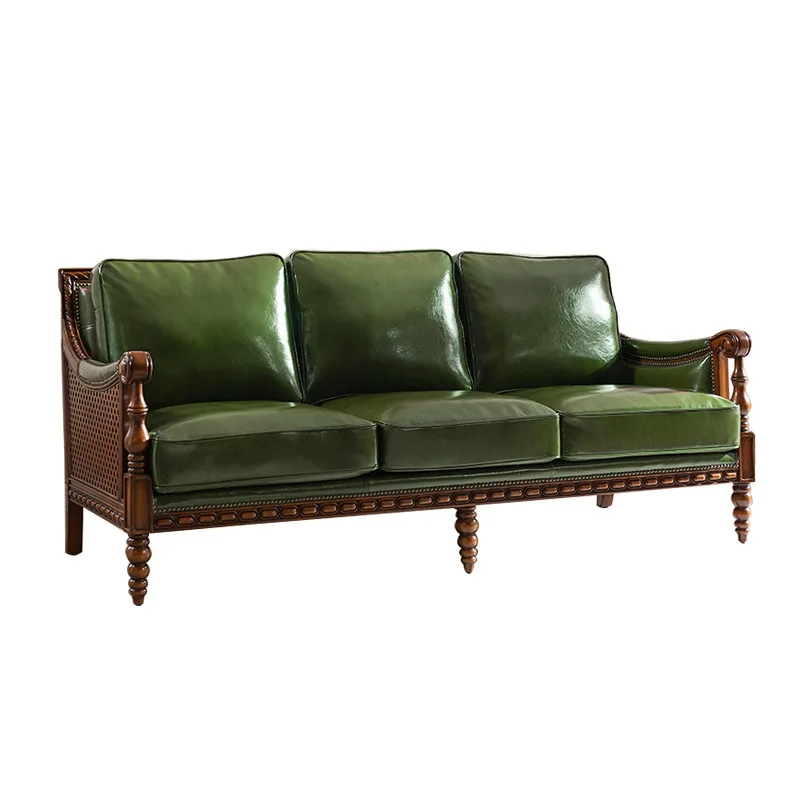 

Solid wood sofa retro three seater leather soft bag sofa combination small-sized leather art sofa
