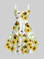 Women Summer Hawaiian Dress Sunflower Leaf Butterfly Print Flare Tank Dress Casual Vestidos
