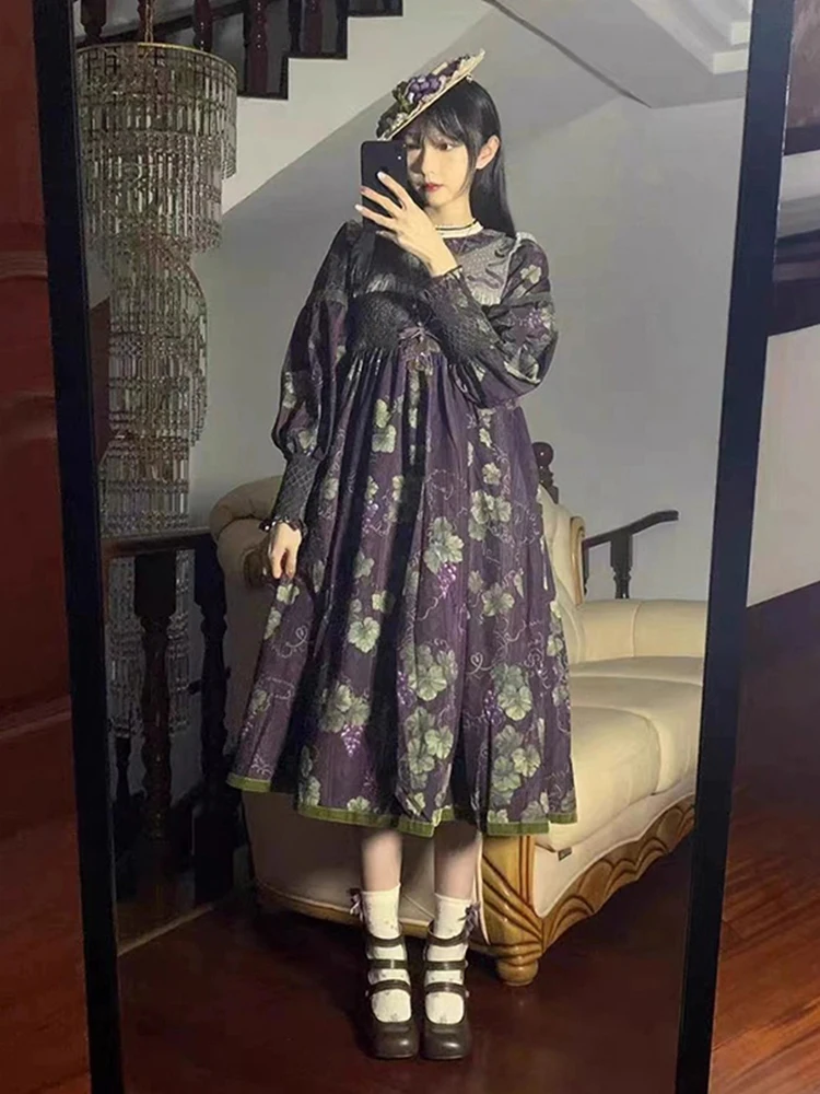 

Deep Purple Grape Vine 2023 Autumn Winter Long Sleeve High Waist Princess Style Lolita Dress Women's Fashion Commute Dress