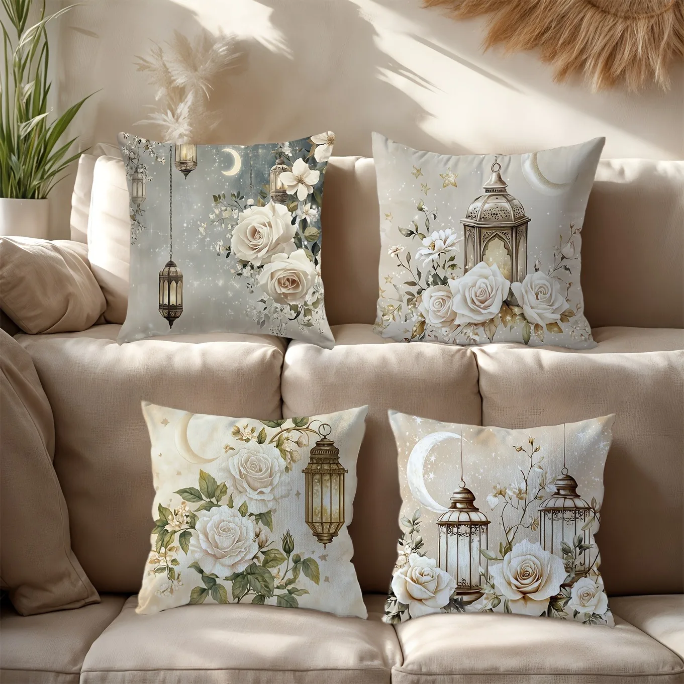 

Elegant White Rose & Lantern Pillowcases: Dreamy Moonlit Home Decor Pillow Covers