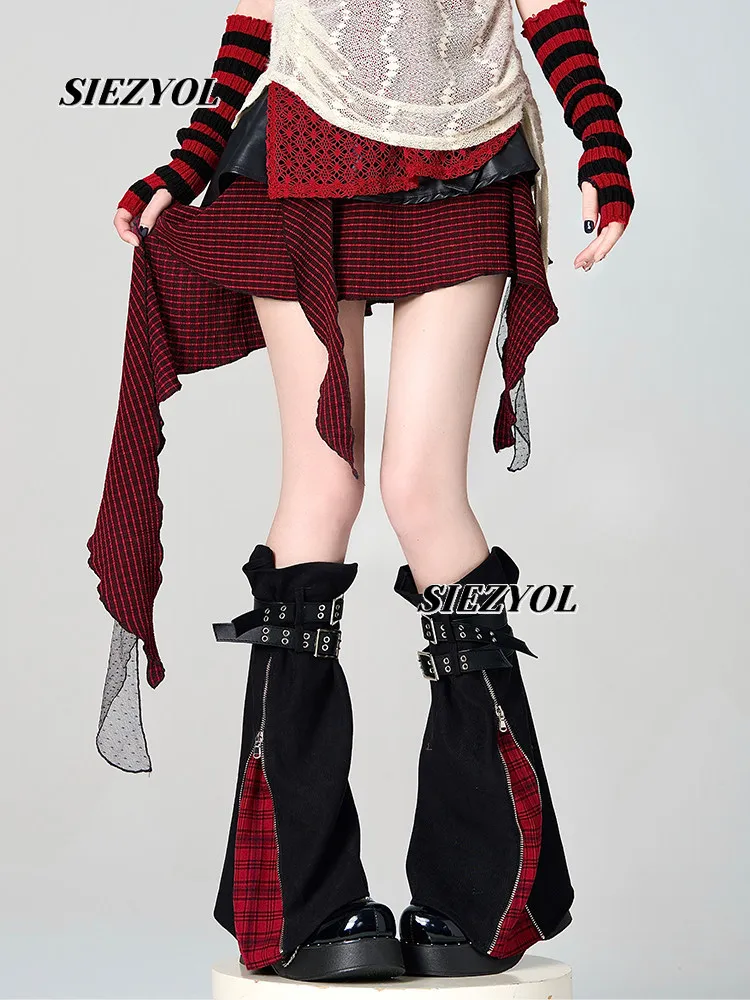 Subculture Black and Red Hot Girl Wide Leg Socks Lolita Y2k Zipper Design Jk Pile Denim Rock Punk Belt Leg Boots Cover