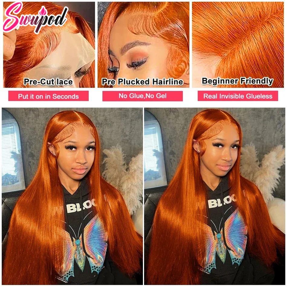 30 40 بوصة ريمي 200 الكثافة شفافة 13x 4/13x6 HD الدانتيل الباروكة الأمامية مستقيم الدانتيل الجبهة الباروكات شعر الإنسان الزنجبيل البرتقالي غلويليس