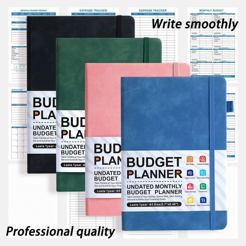 A5 Budget Planner Monthly Budget Notebook with Expense Tracker Undated Financial Planner Bill Organizer Book BLACK/Green/Blue