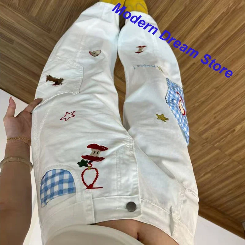 American cartoon embroidered puppy jeans women's spring and autumn new loose old washed wide-leg straight leisure overalls pants