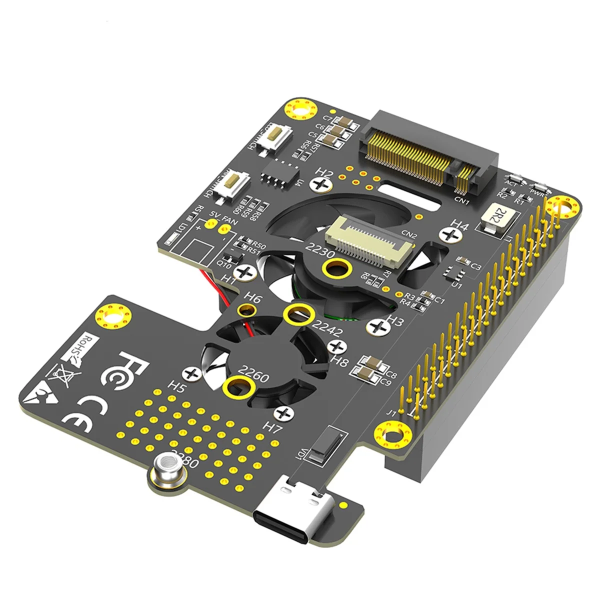 3 in 1 M.2 NVMe SSD to PCIe Adapter with Dual Cooler Fans and Automatic Discoloration LED for Raspberry Pi 5