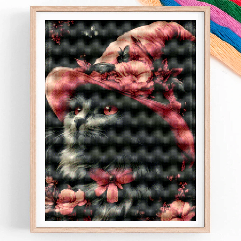

DIY Cross Stitch Cat Wizard's Hat Embroidery Animal Flower Sewing Handmade Gift Home Decoration