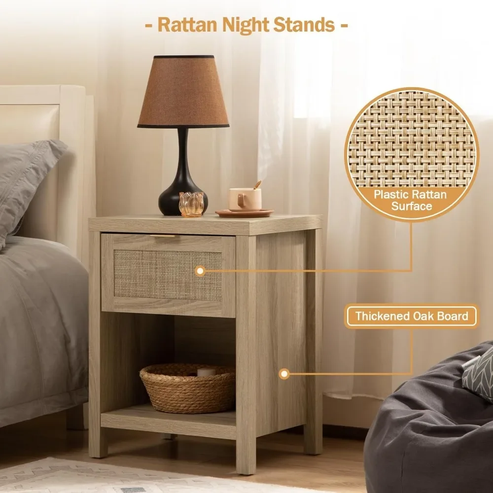 Rattan Night Stands,  with Drawer and Open Shelf for Bedroom