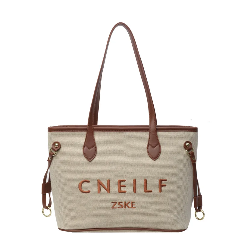 

Новинка 2025, сумка большой вместимости с текстурой и вышивкой для пожилых людей, женская парусиновая сумка с буквами, сумки-тоут на плечо для поездок на работу