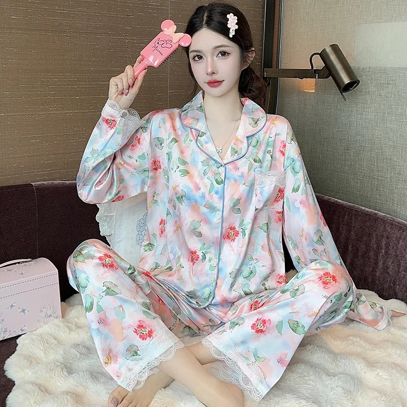 

Spring and Autumn Women's Pajamas Homewear Set Fashion Lapel Pajamas Set Women's Long Sleeve Long Pants Casual Homewear Set