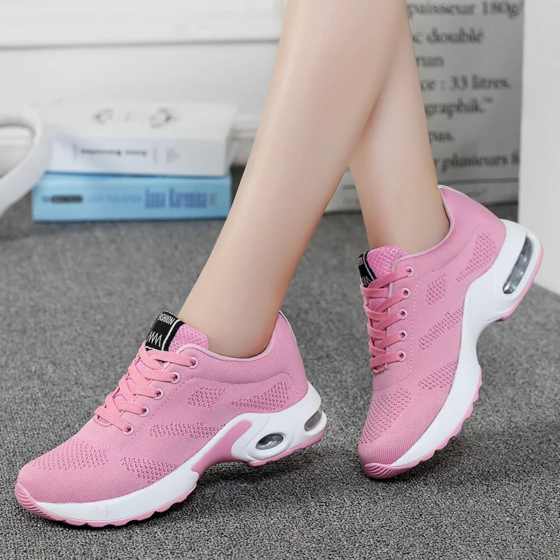 Women Fashion Air Cushion Sport Running Flat Soft Bottom Hollow Sneaker Youth Girl Mesh Breathable Casual Platform Walking Shoes