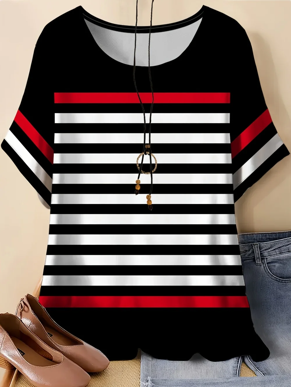 Vintage Women Summer Stripe T-Shirt 3D Printed Streetwear Casual Tees O-Neck Short Sleeves T-Shirt Fashion Y2k Woman Clothing