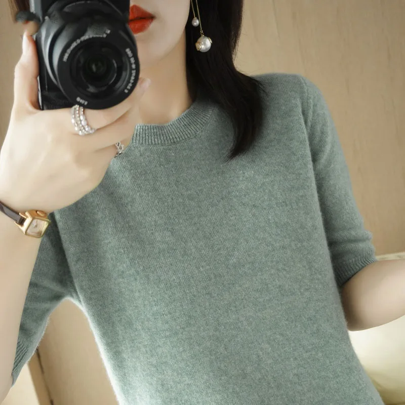 Wiosna Lato Sweter Damski 2023, Krótki Rękaw O-neck Slim Fit Dzianinowe Pulowery Dół Casual Dzianina Zielony Różowy Ubrania