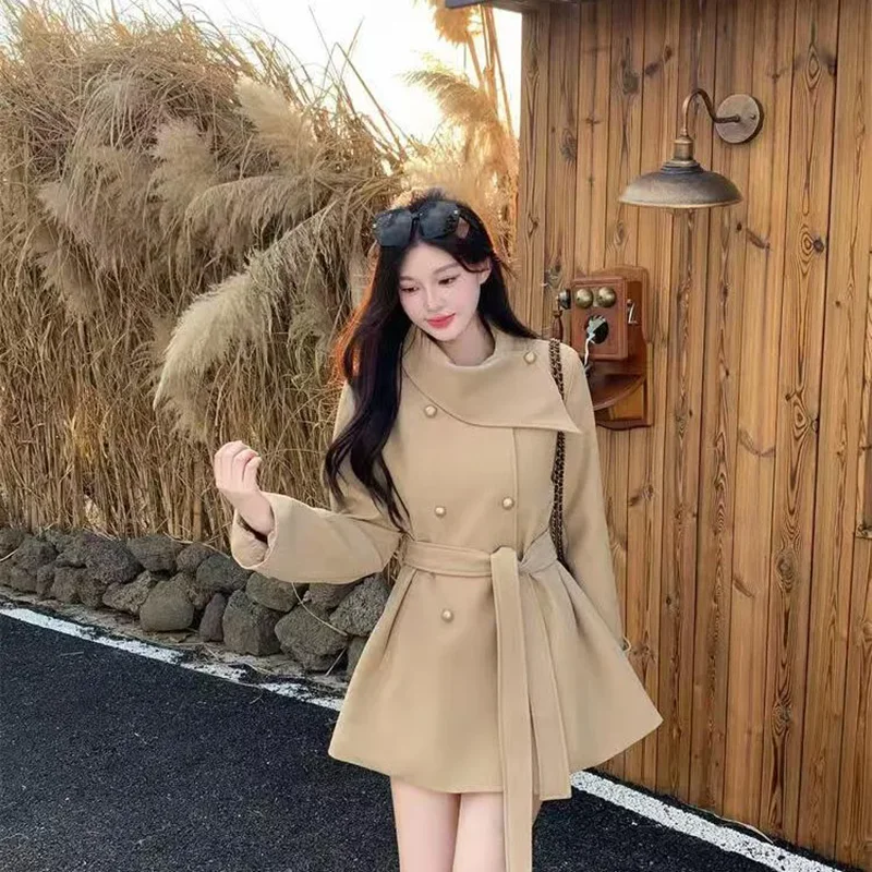 

2026 весна осень новое шикарное повседневное пальто ветровки женское пальто модный тонкий пояс двубортный плащ пальто