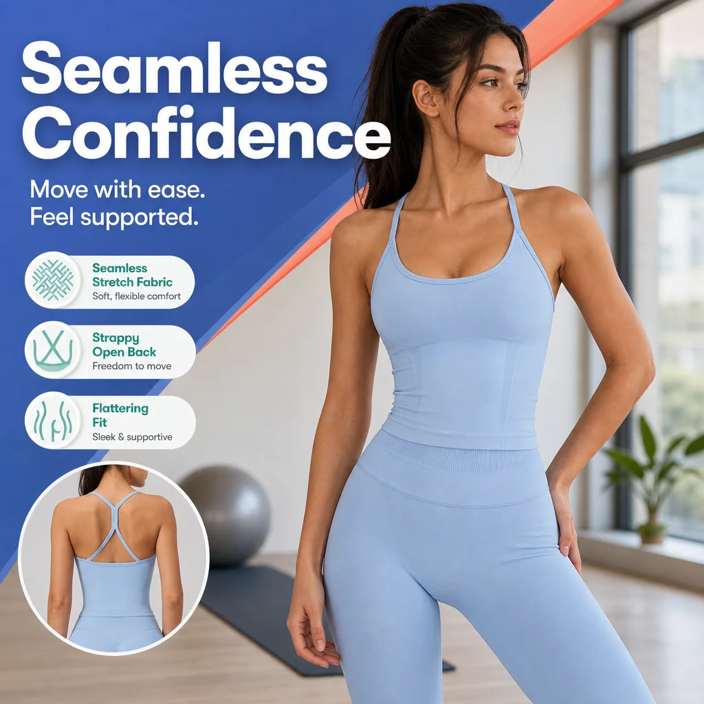 Women's Seamless Sports Tank Top, Cross Back Thin Strap Bra, Ribbed Waist Slim Fit Yoga Vest with Removable Pads