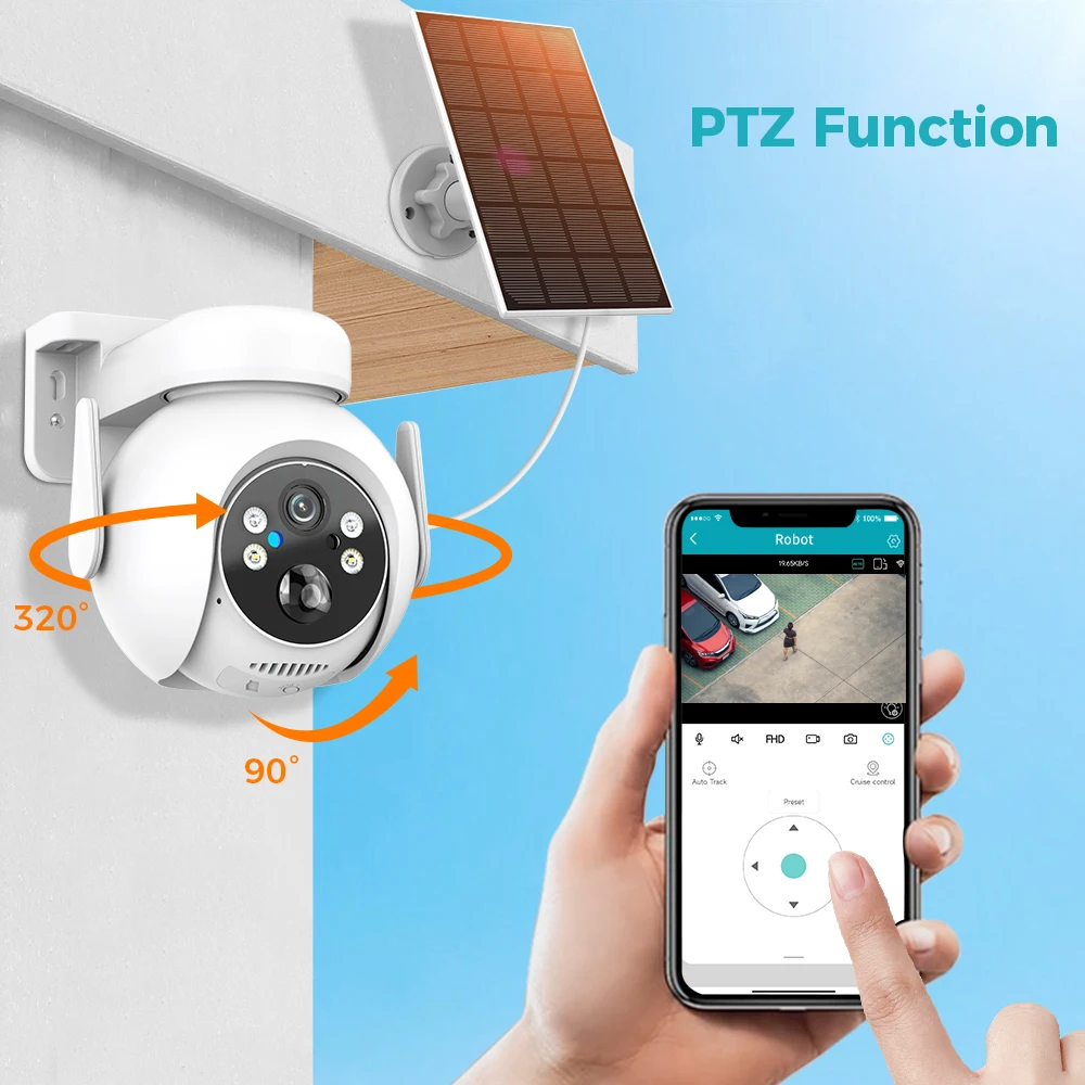 4MP 2K WiFi Solar Camera With Solar Panel Wireless Surveillance PTZ Battery IP Camera  PIR Human Detection Security Protection