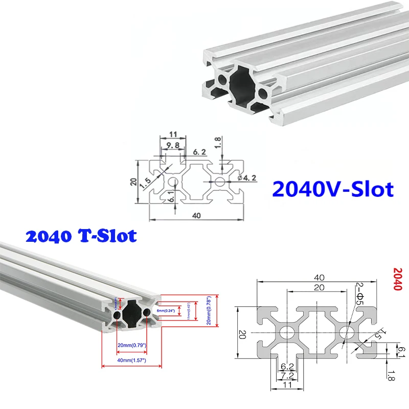 2040 3D Printer Parts 2040 Aluminum Profile European Standard T/V Slot Anodized Linear Rail 100-1000mm Extrusion Cnc Part