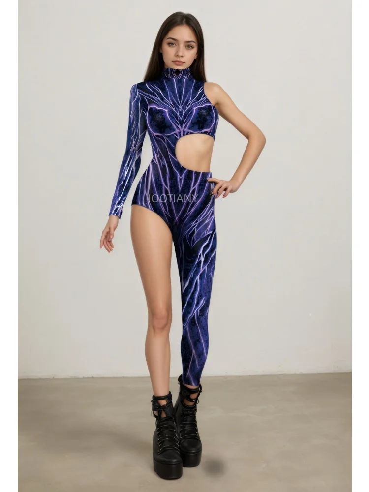 Alien-Kreatur Halloween Cyberpunk Bodysuit, Festtagsparty, Nachtclub, Neon-Cosplay-Kostüm, Stretch-Jumpsuit, Damen-Einteiler, eng anliegend – Detail 6
