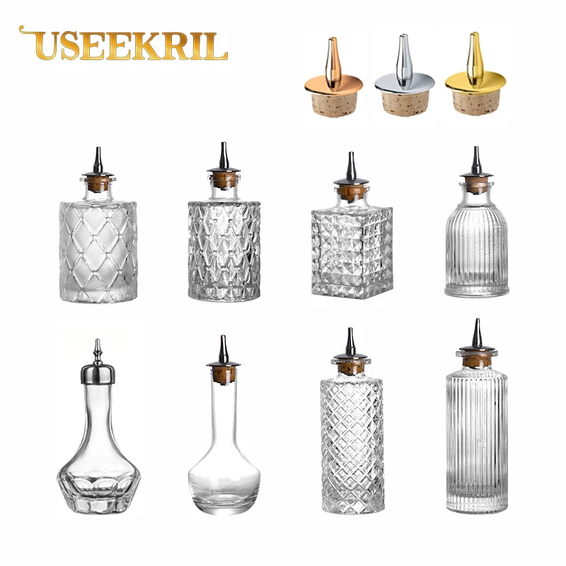 Vidrio Vintage con tapas de acero inoxidable, botellas amargas de cóctel con tapa, herramientas de condimentos de cocina, accesorios para Bar y barman