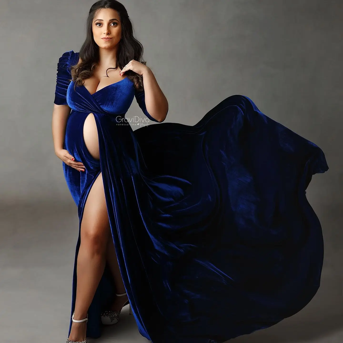 

Vintage Blue Maternity Dresses Front Slit Short Sleeves Velour Prom Gown Women Photoshoot Boudoir Lingerie