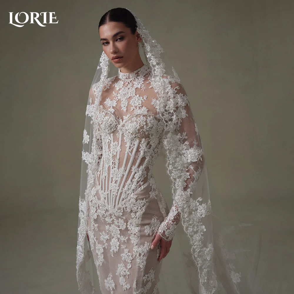 

LORIE Vintage Lace Mermaid Wedding Dress Sexy High Collar Long Sleeve Bridal PartryGown Backless Princess Bride Dress Customized