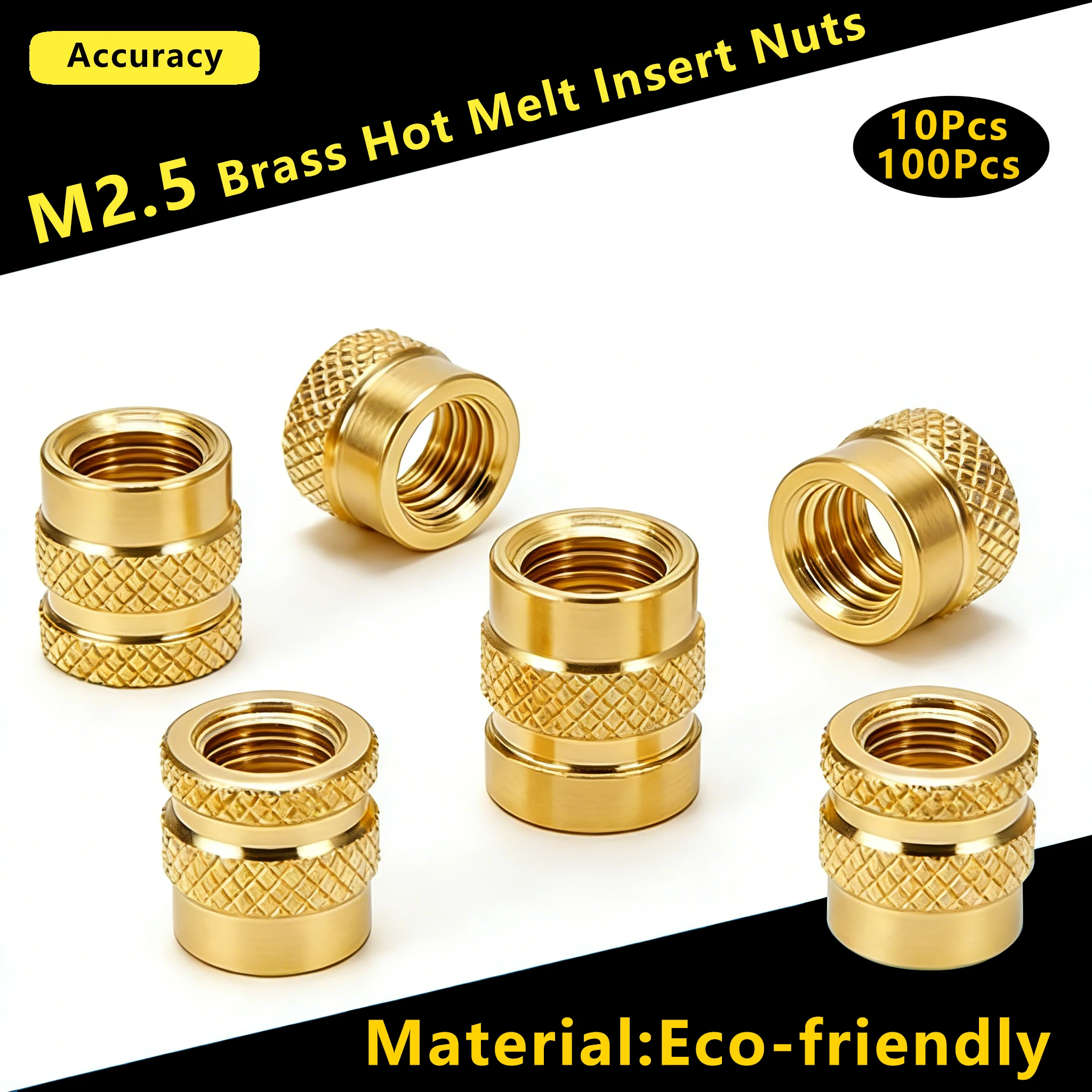 10/100PCS M2.5 Brass Hot Melt Insert Nuts, SL-Type Double Twill Knurled Thread Inserts for Injection Molding