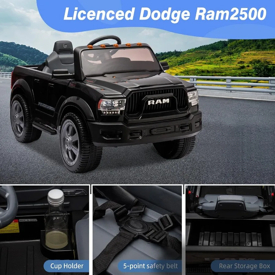 12V 電動乗用玩具（4～8歳向け）ライセンス取得済み Ram 2500 電動カー、リモコン付き、LEDライト/音楽/MP3、後部収納とカップホルダー付き