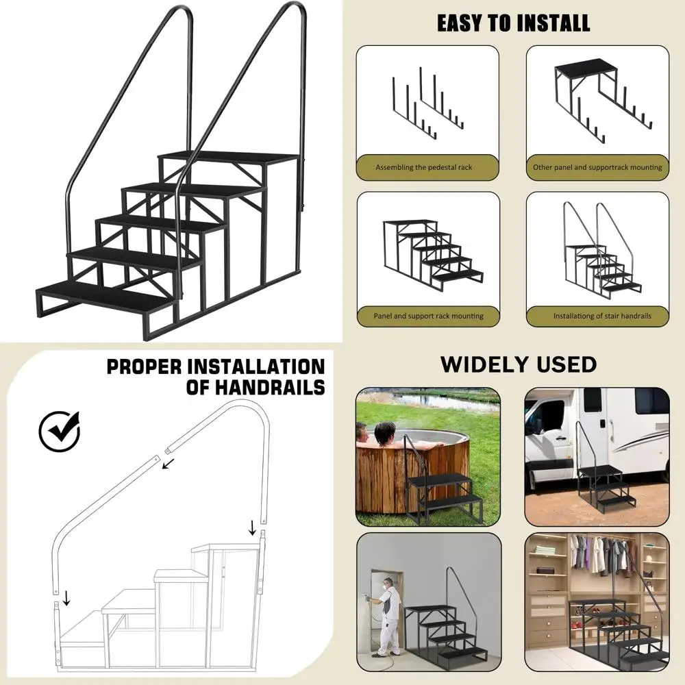 سلم حوض سباحة عالي التحمل فوق الأرض بسعة 660 رطل، ومقبض مقعد متدرج، وخطوات خارجية للوصول إلى RV والتخييم