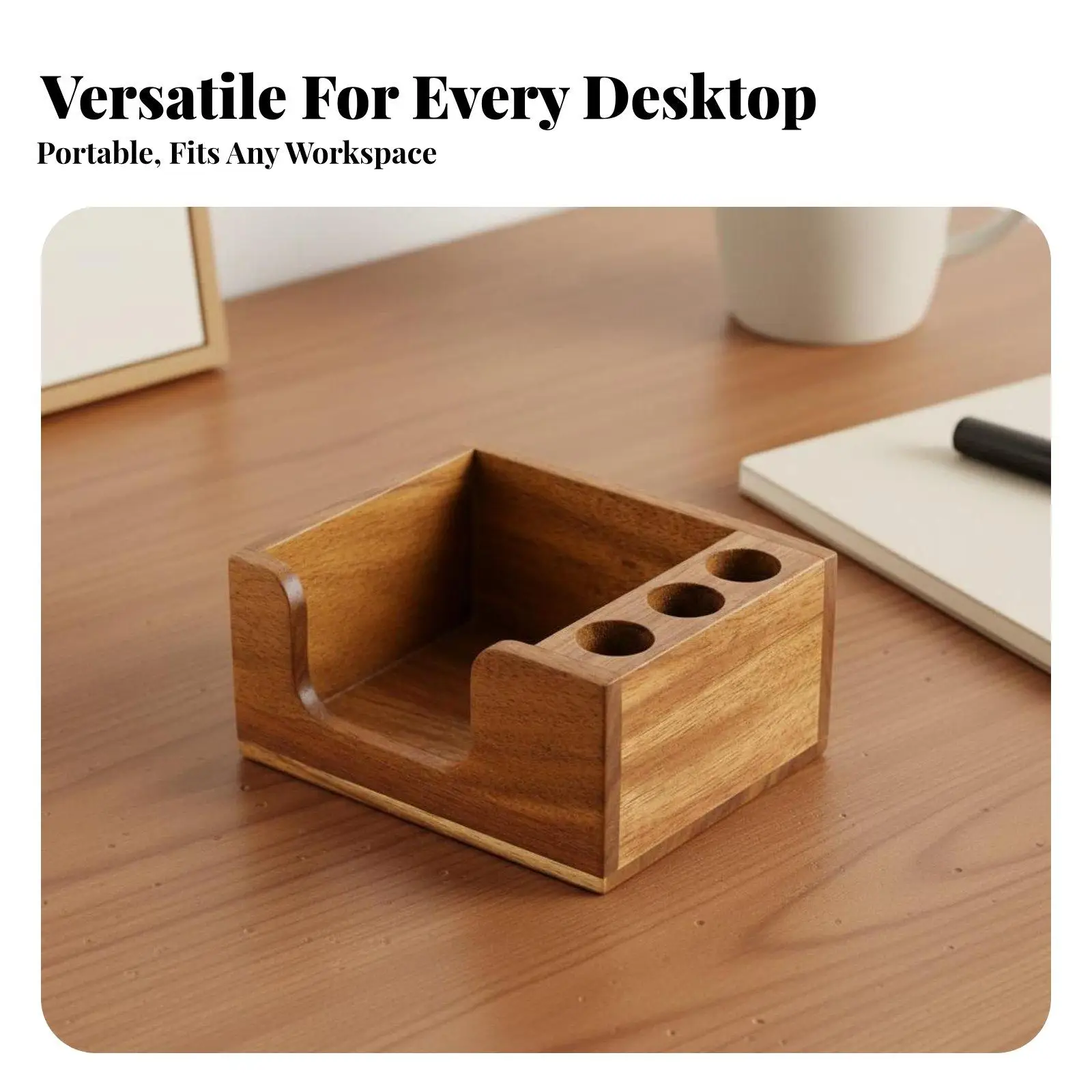 Desktop Organizer with 3 Pen Slots Multi-Functional Pen and Sticky Note Holder Hand-Polished Finish Wooden Desk Organizer for