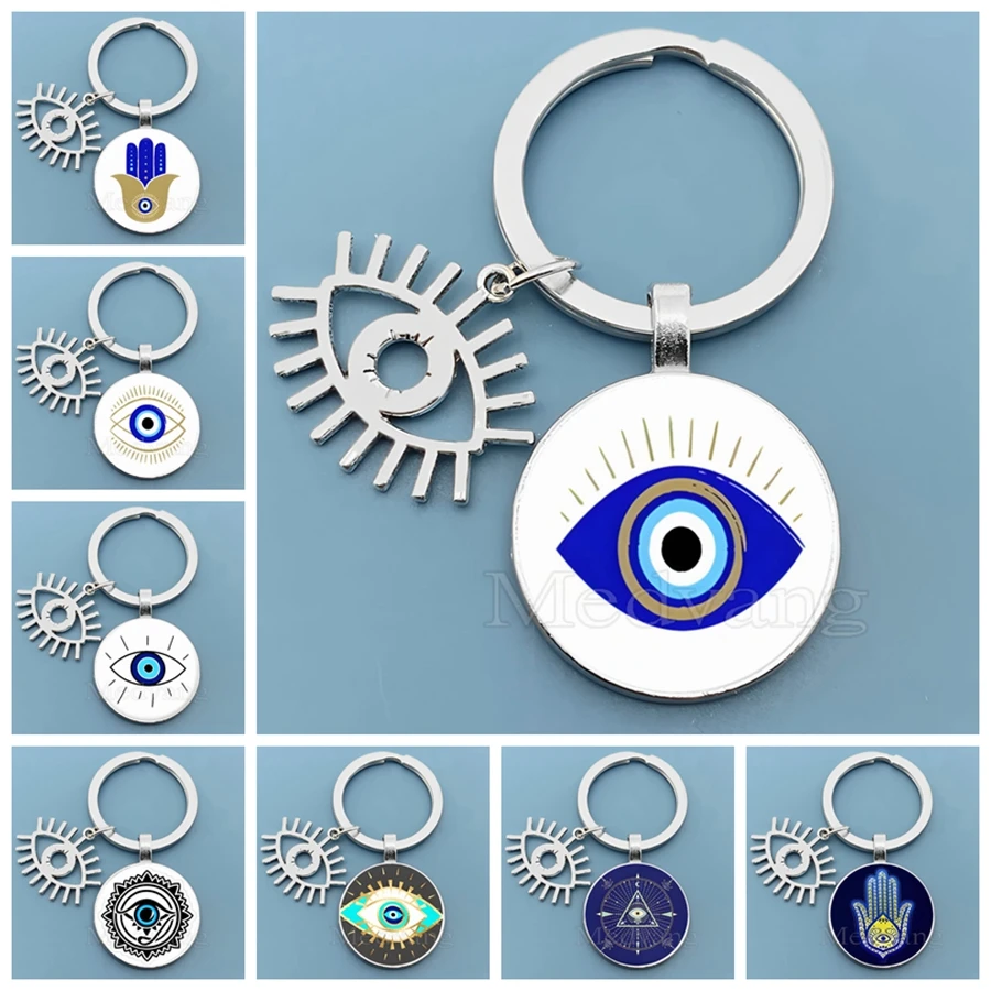 Beauty Blue Evil Eye Keychain Fatima Hand Photo Round Glass Keychain Bag Car Keyring Jewelry Gift Wholesale