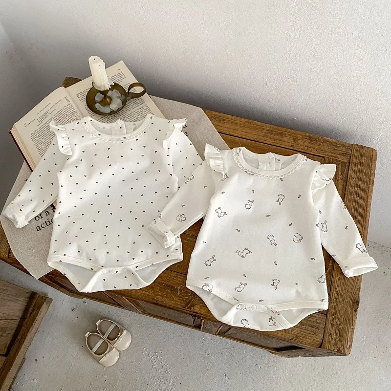 2024 Baby Girl Romper 0-24Months Newborn Infant Long Sleeve O-Neck Rabbit Heart Print Cotton Bodysuit One-Pieces Spring Clothes