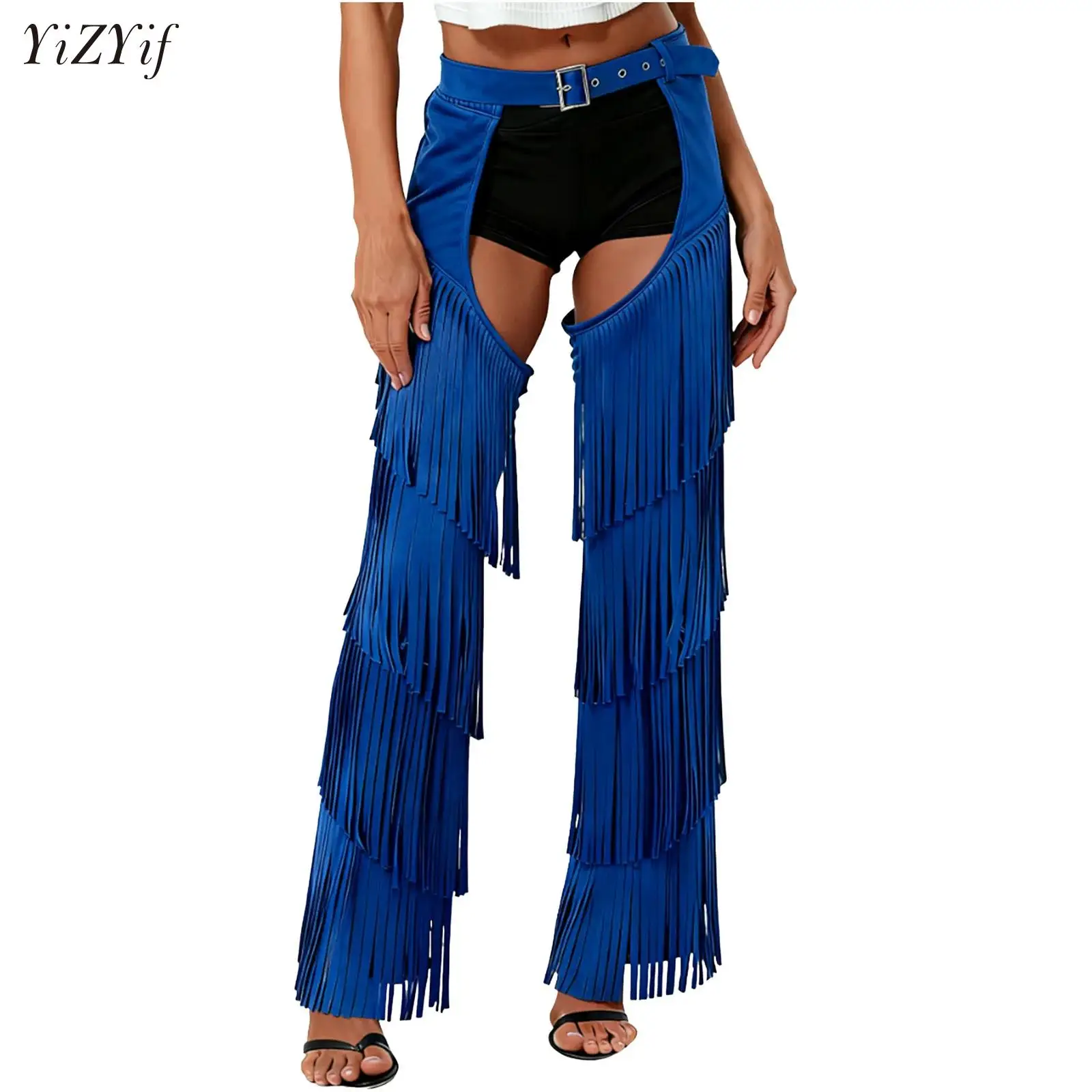 

Womens Layered Fringe Pants Halloween Western Cowgirl Cowboy Chaps Cosplay Costume Open Crotch Biking Riding Cowgirl Trousers