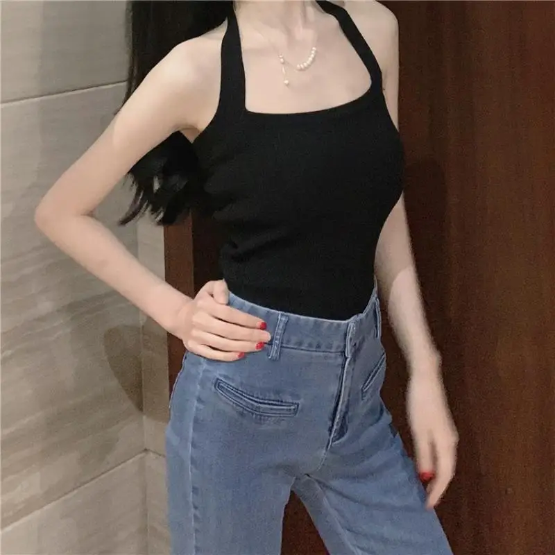 2024 Summer Knitted Suspender Backless Crop Tops Women's Neck Strap Sleeveless Sexy Red Vest Vintage Tank