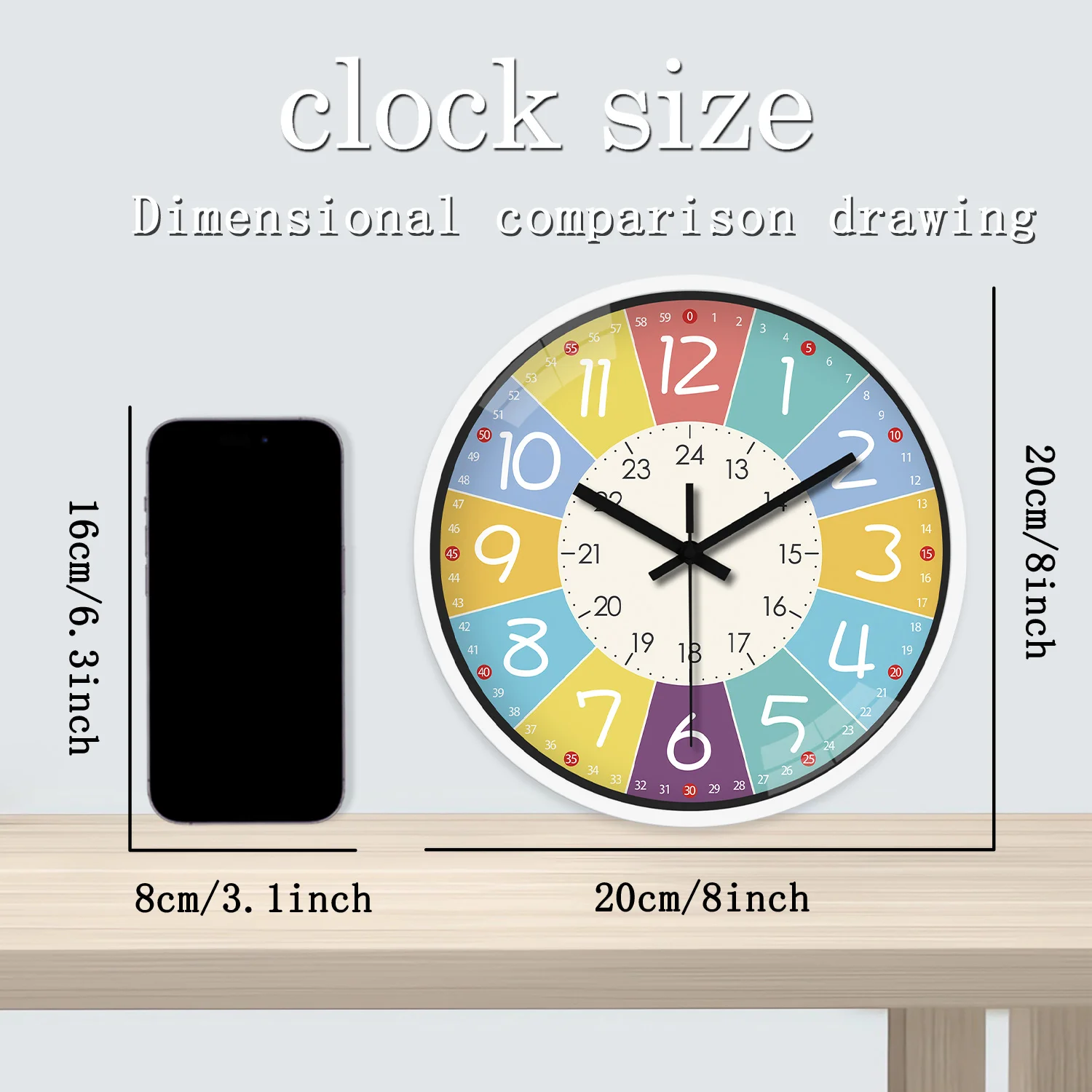 8 Inch Round Wall Clock Modern Design Silent Timepieces for Kids Sitting Room Bedroom Learning Clocks Decoration Accessories view 6