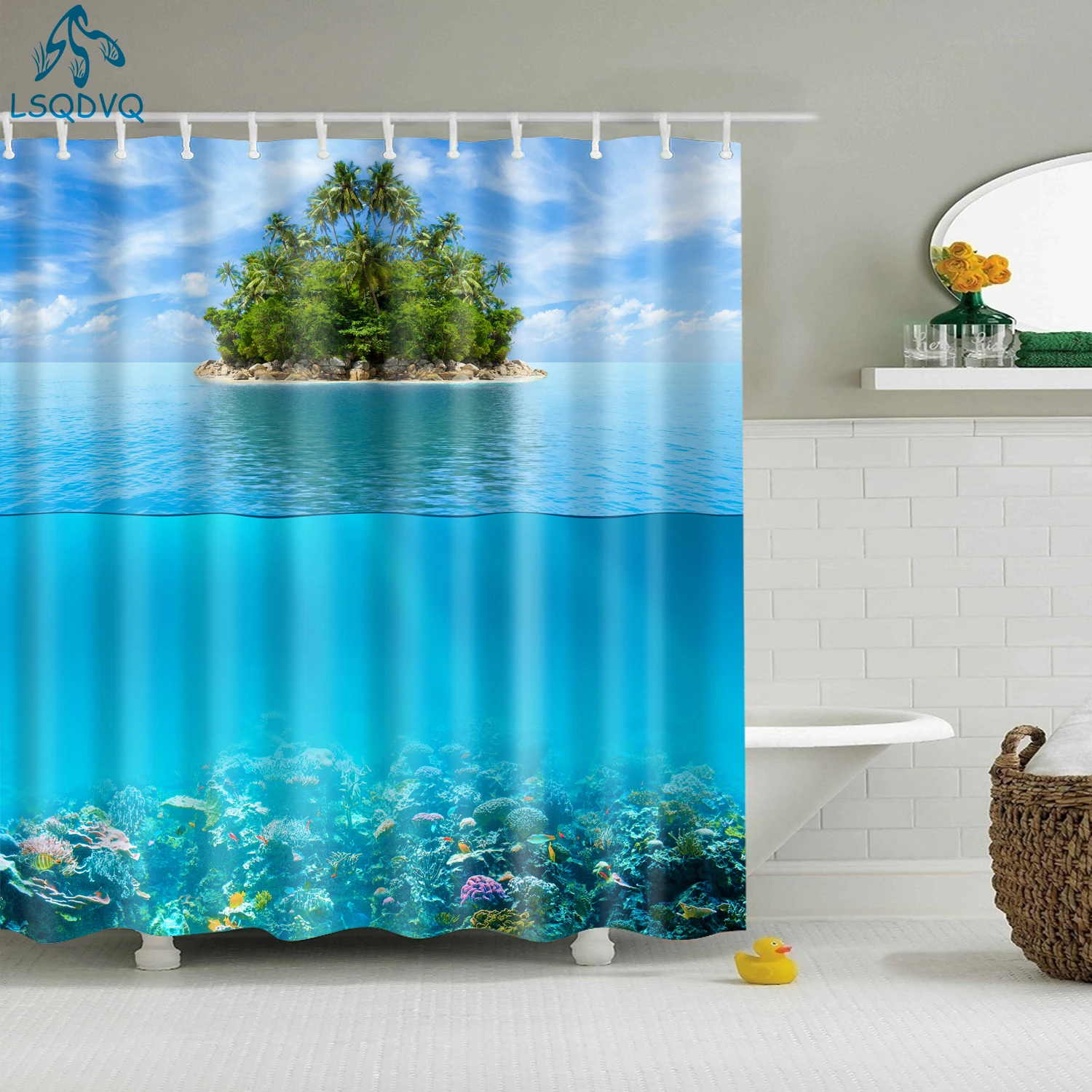 Realistic Tropical Palm Tree Island Seabed Coral Reef Ocean Landscape Print Shower Curtain Waterproof Mildew Resistant With Plas