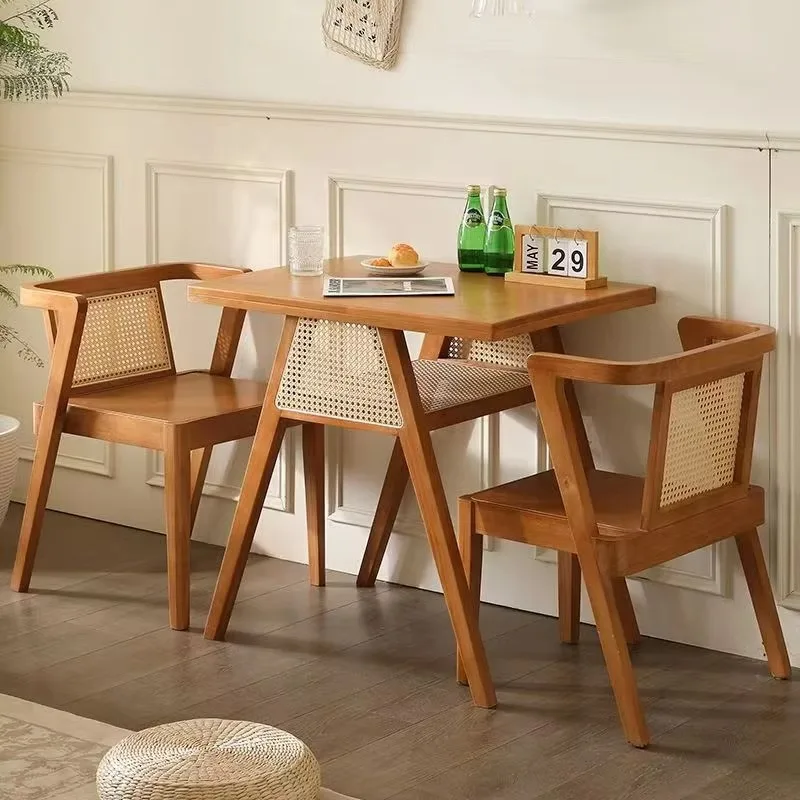 Chinese Solid Wood Dining Table Chair Set Black Walnut Finish Stackable Chairs Backrest Small Space 1 Table + 2 Chairs Table And