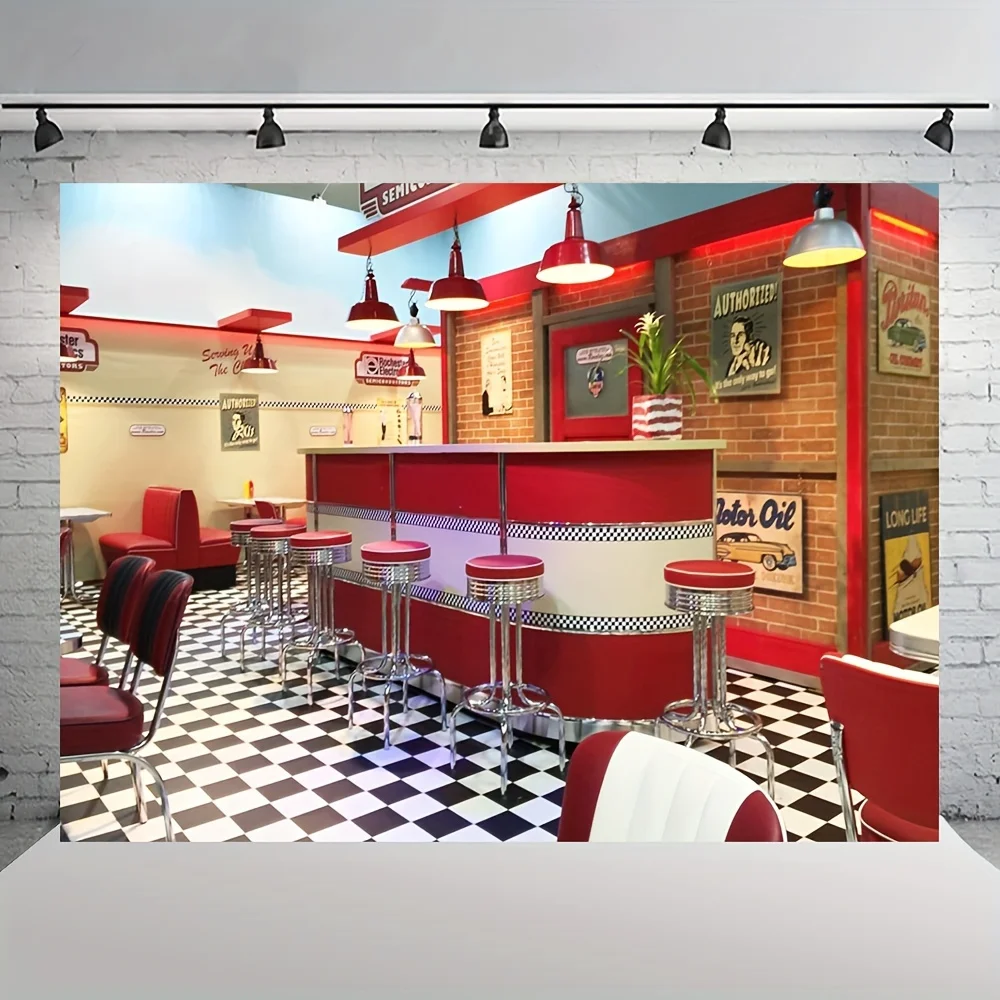 Vintage 50's restaurant backdrop, faux brick walls, red and white checkered floor, vintage bar stools and restaurant logo