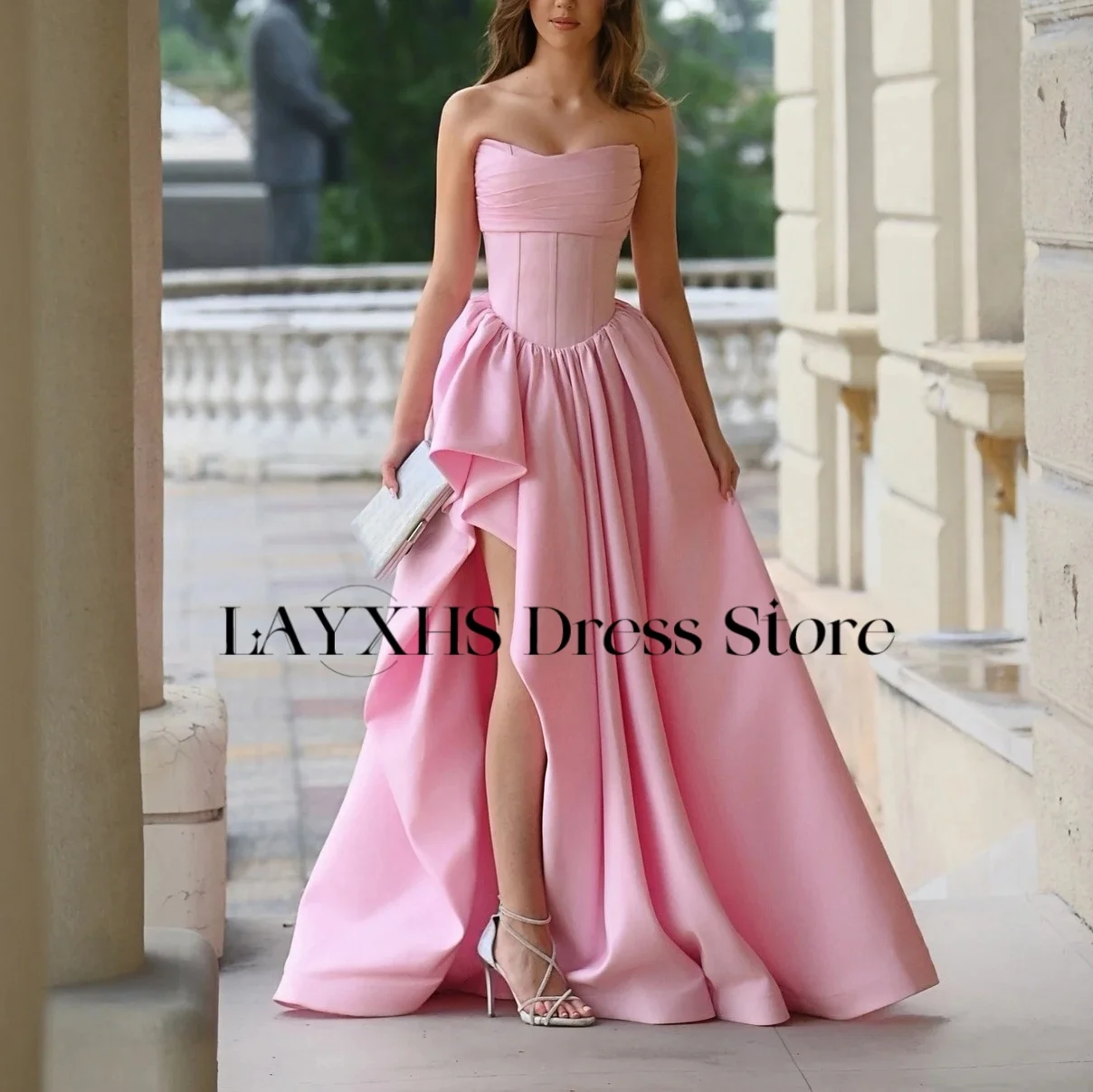 

LAYXHS Сильно-розовые вечерние платья без бретелек трапециевидной формы с боковым разрезом и складками для дня рождения, выпускного вечера по индивидуальному заказу فساتين 미 مس