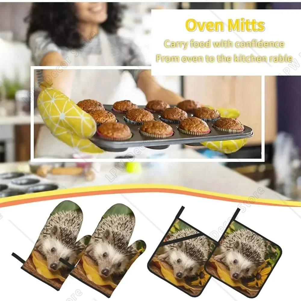 Funny Hedgehog Oven Mitts and Pot Holder Sets 4PC Heat Resistant Non-Slip Gloves for Home Cooking Baking Grilling Dining BBQ