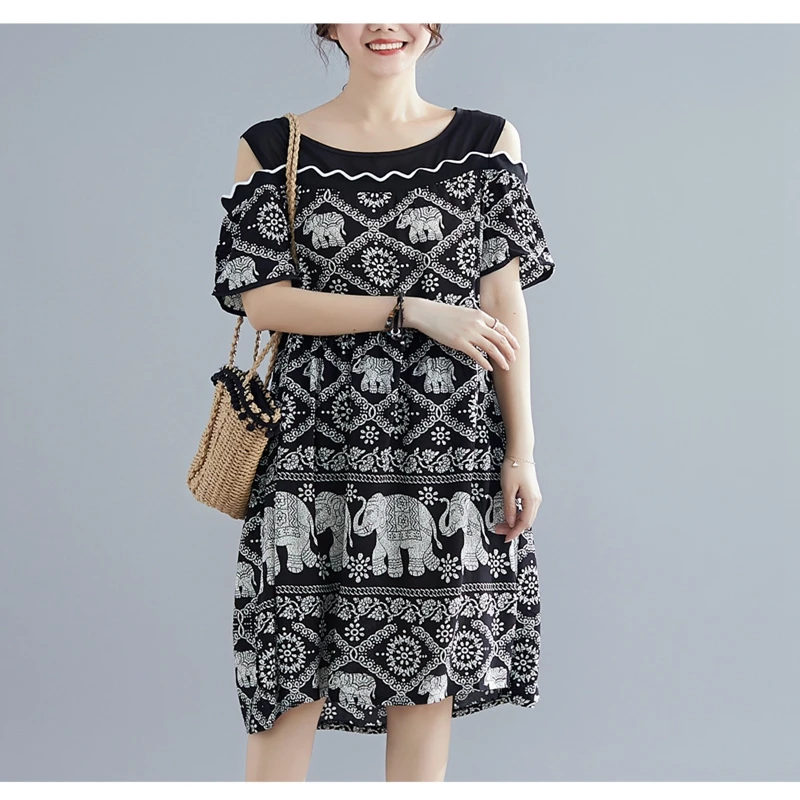Women's round neck loose off-the-shoulder wave printed casual dress, plus size, summer fashion, new style,