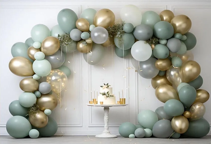 خلفية تصوير Mehofond ، غرفة بيضاء ، أخضر ، بالونات ذهبية ، حفلة عيد ميلاد ، زفاف ، ديكور بورتريه ، خلفية ، استوديو تصوير ، بالغ
