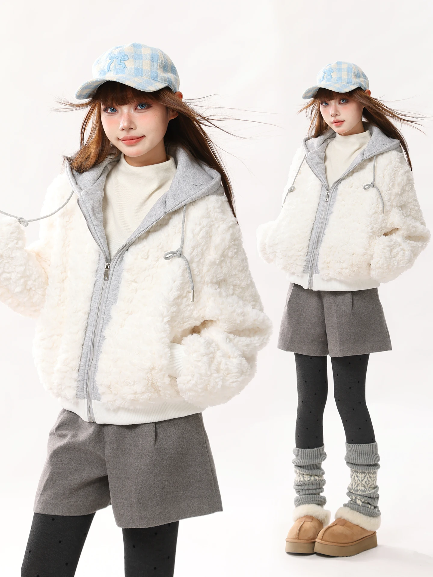 

Korean Sle Loose Fit ort Jaet Women's Hooded Winter New Fake Two-Piece Lamb Fur Splicing Eco-Friendly Fur Coat