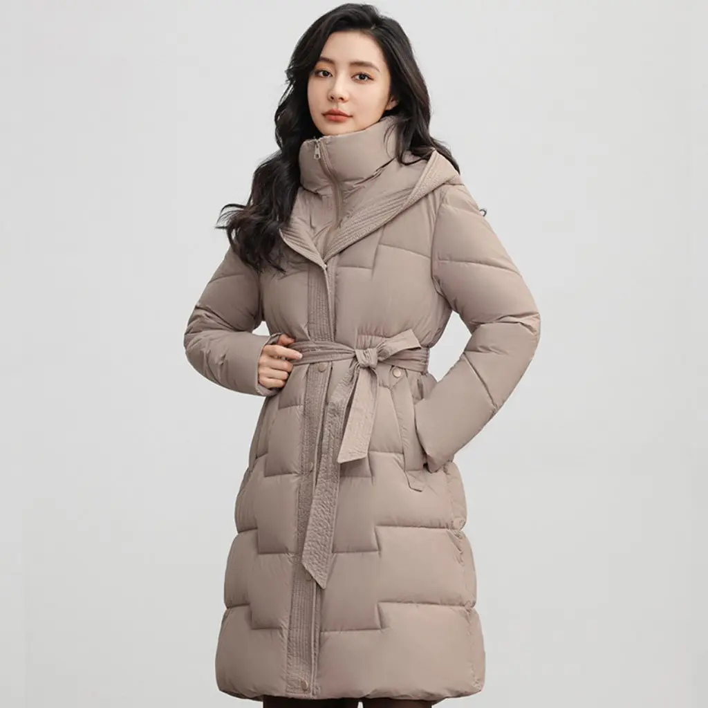 

Women's Over-the-Knee Cotton-Padded Jacket Mid-Length Winter Warm Coat Lace-Up Slimming Waist Solid Color Cold-Proof Fashion