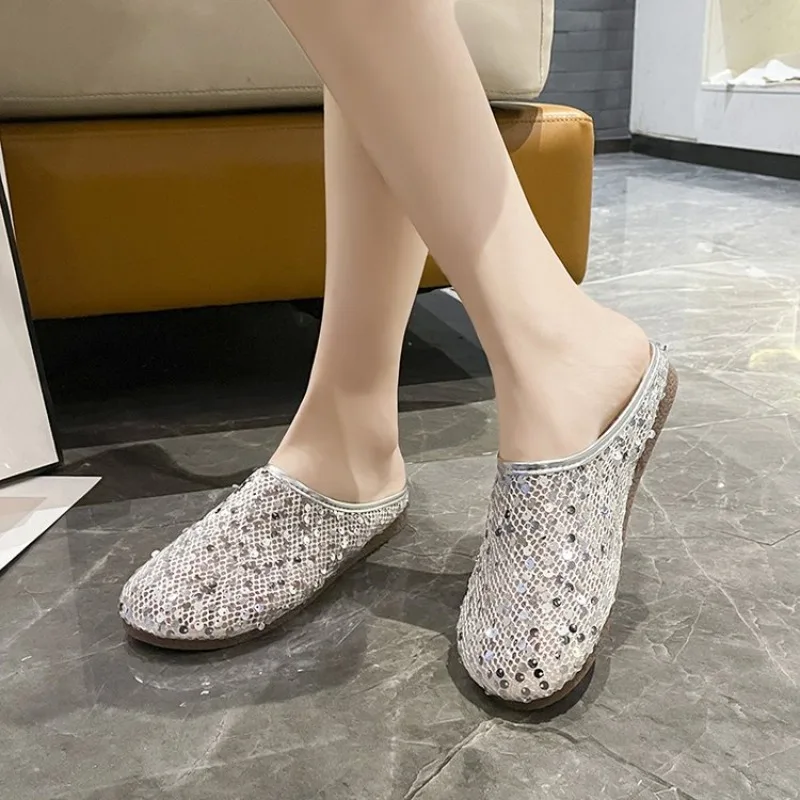 Bling Sequins Slippers 2026 New Summer Women Casual Slippers Korean Style Female Outdoor Non-slip Slides Vacation Beach Shoes