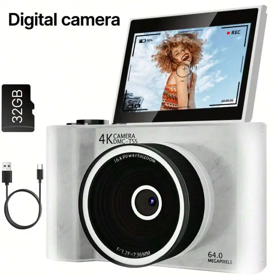 5K Digital Camera For Photography Autofocus, 2025 Newest 64MP Vlogging Camera With 32G TF Card, 1 Battery, 3 Inch 180° Flip Scre