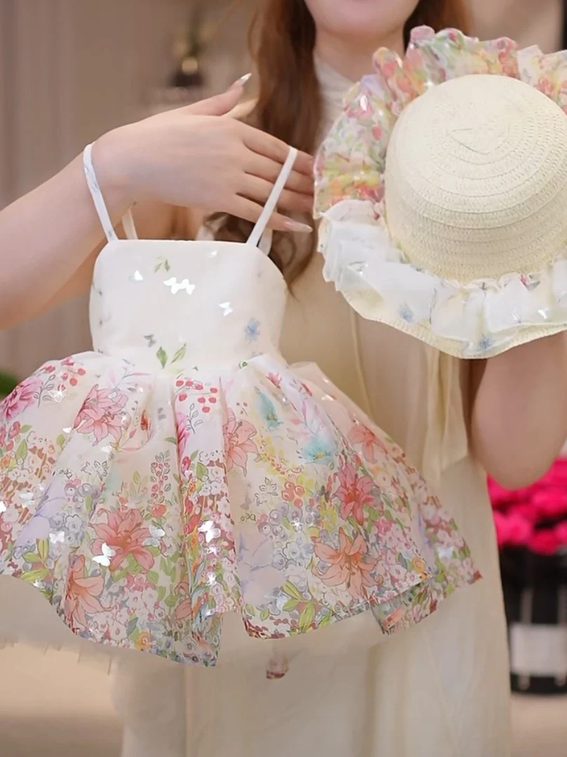 Vestido Estilo Princesa com Estampa Floral Doce para Meninas, Roupa Casual de Verão para Bebês, Design de Alça com Manga Curta