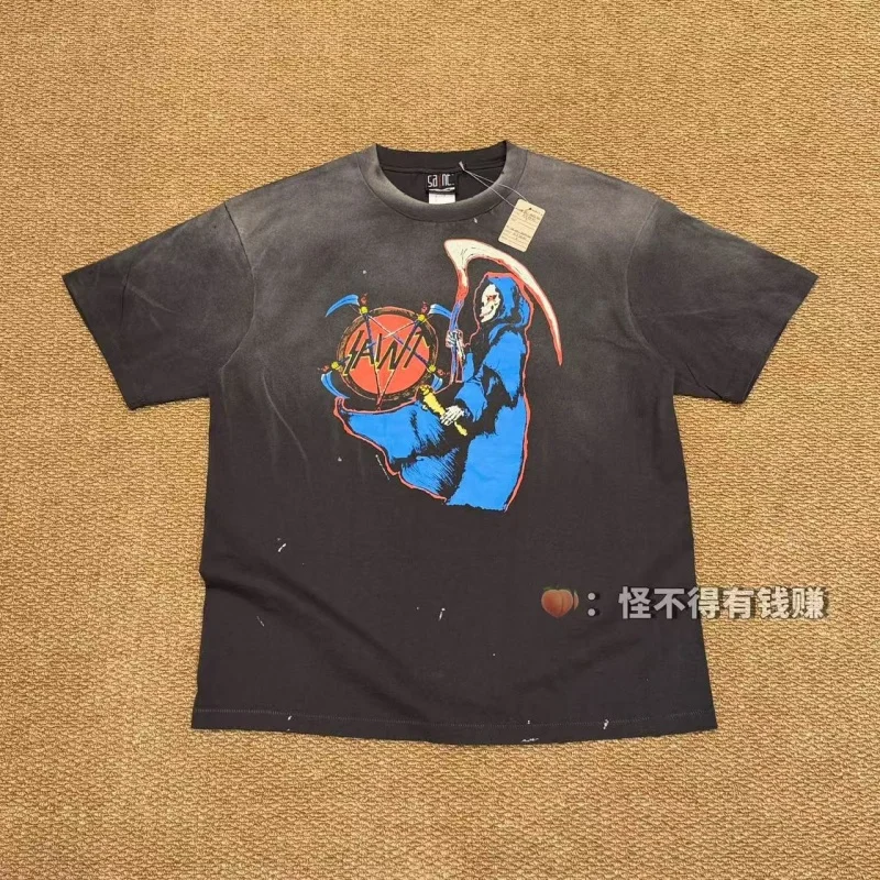

Authentic SAINT Death Note Washed Tee Washed Seamless Side Seams Patchwork Black Short-Sleeve T-Shirt