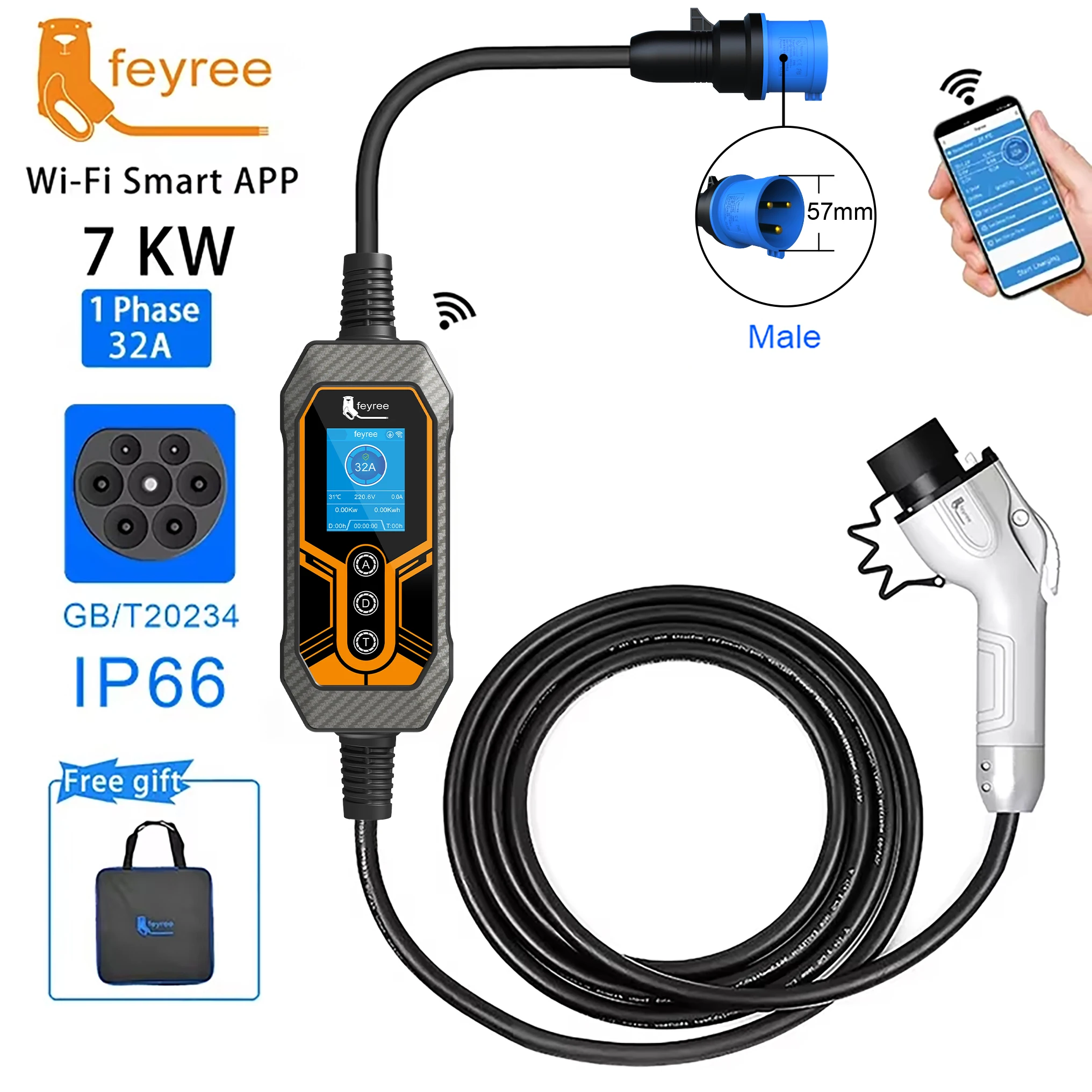 feyree GB/T Portable EV Charger 32A 7KW 1Phase APP Bluetooth Version EVSE 11KW 16A 3Phase Cable 5m CEE Plug for Electric Vehicle