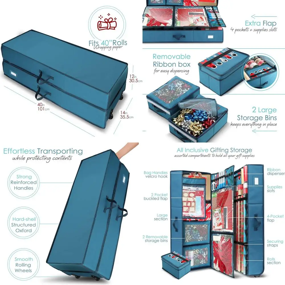 

Большой синий картонный контейнер для хранения на колесиках с диспенсером для лент и карманами для 30 рулонов длиной 40 метров