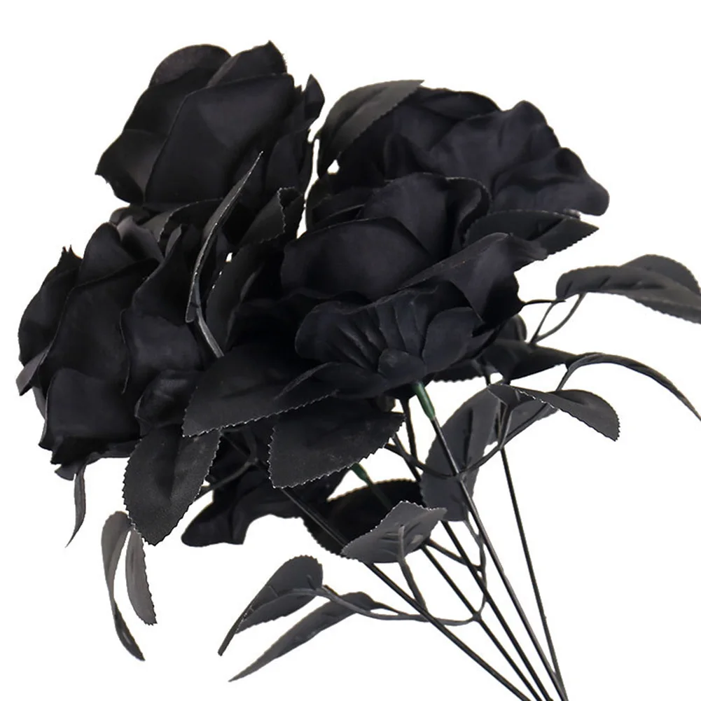 

3pcs Black Rose Bouquet For Halloween Decor Set Spooky Mood Artificial Flowers Black Rose Halloween Decor Haunted Houses