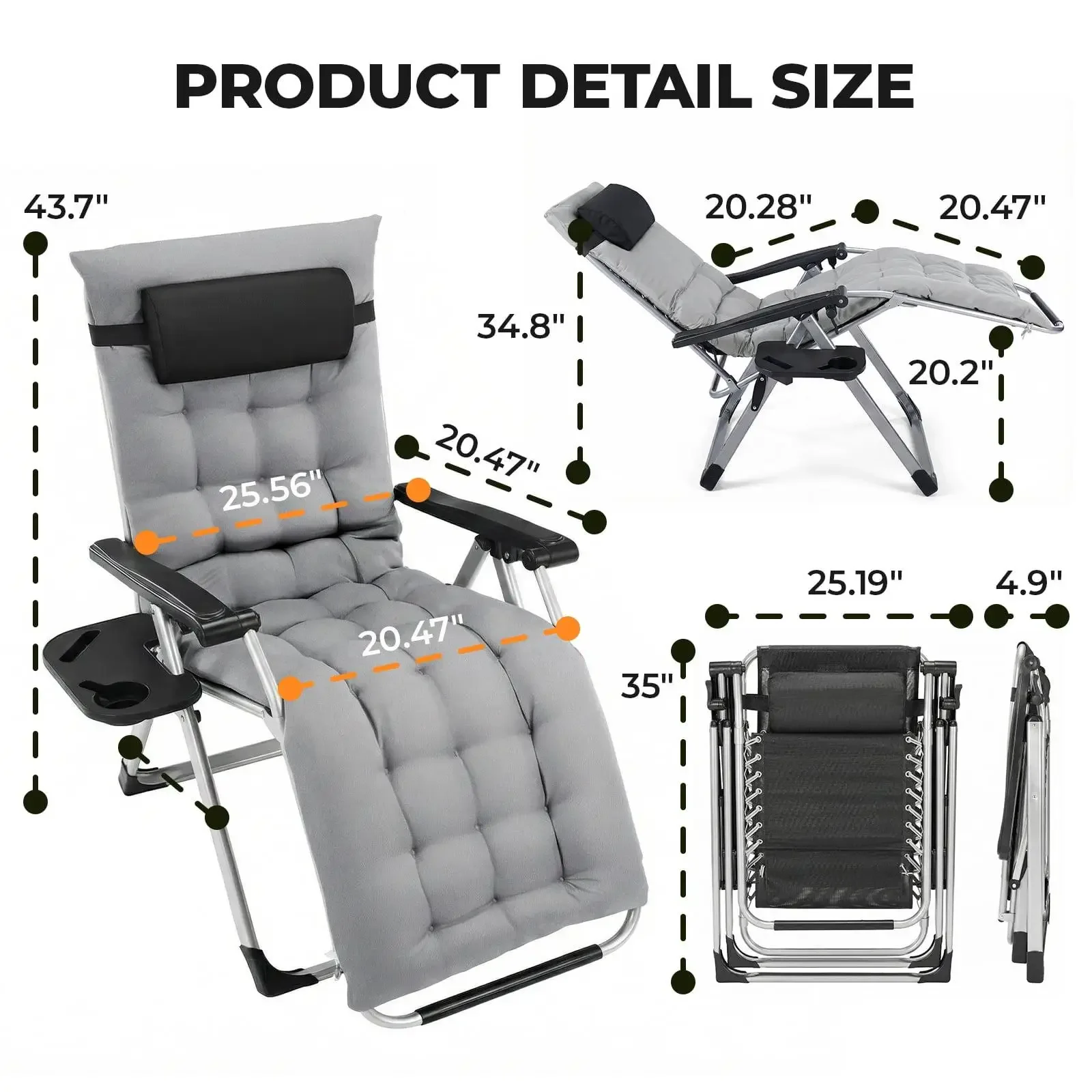 Oversized Heavy Duty Zero Gravity Chair 440lbs 200kg Capacity Foldable Outdoor Lounge Chair Portable Recliner Patio Garden Beach Camping Sun Lounger Balcony Furniture Grey